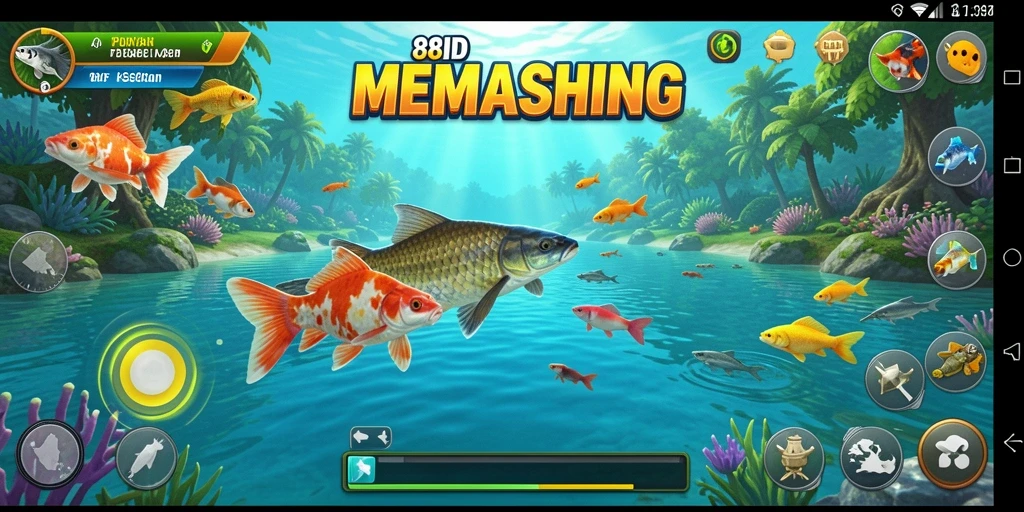 Screenshot gameplay 88ID menunjukkan momen menangkap ikan di danau yang indah.