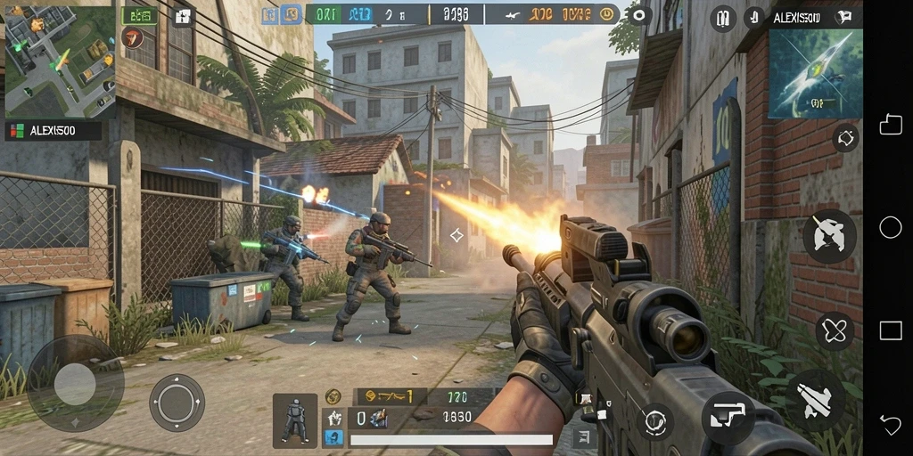 Screenshot ALEXIS500 menampilkan aksi mendebarkan dalam gameplay FPS.