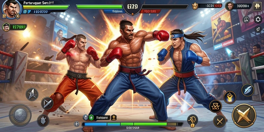 Tampilan gameplay pertarungan epik di EE789 dengan karakter unik.