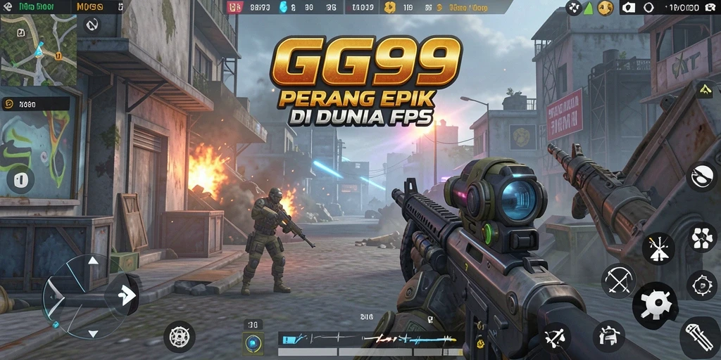Screenshot GG99 menunjukkan aksi tempur yang intens dalam game FPS.