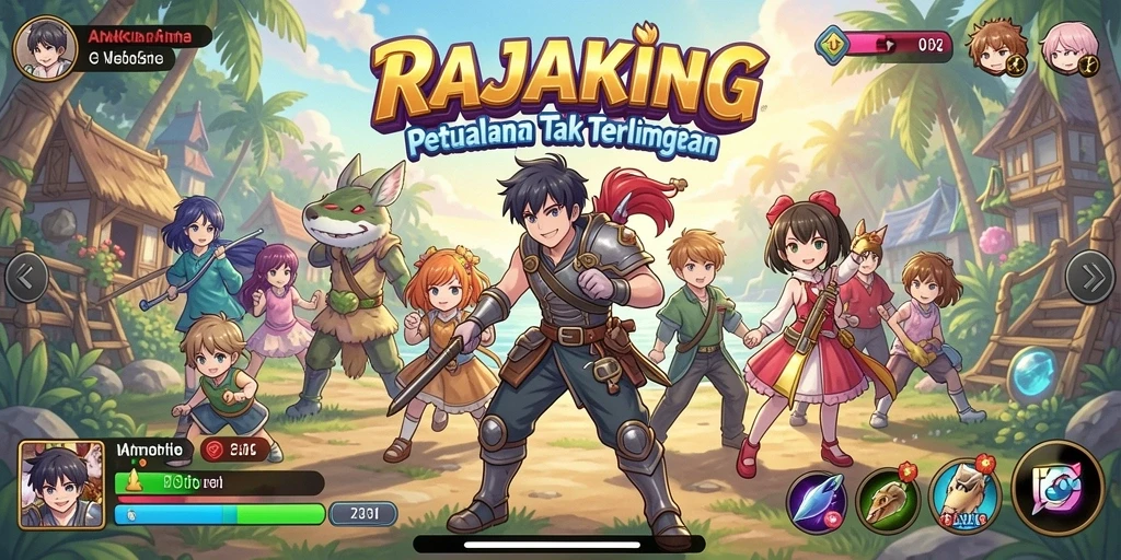 Tangkapan layar utama gameplay RAJAKING yang menampilkan karakter anime.