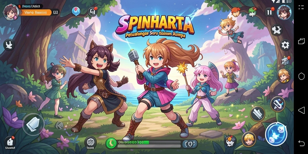 Tangkapan layar utama SPINHARTA menampilkan aksi seru dan karakter anime ikonik.
